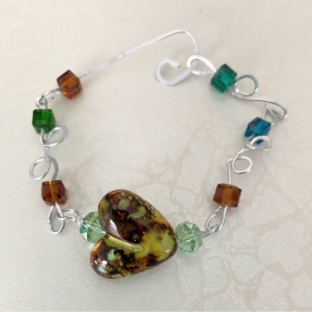 Green and Brown Ceramic Heart Bead Women’s Bracelet